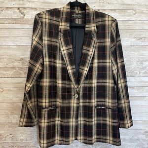 Vintage 90s Requirements Womens 10 Blazer Black Plaid Linen Blend Lined 1 Button